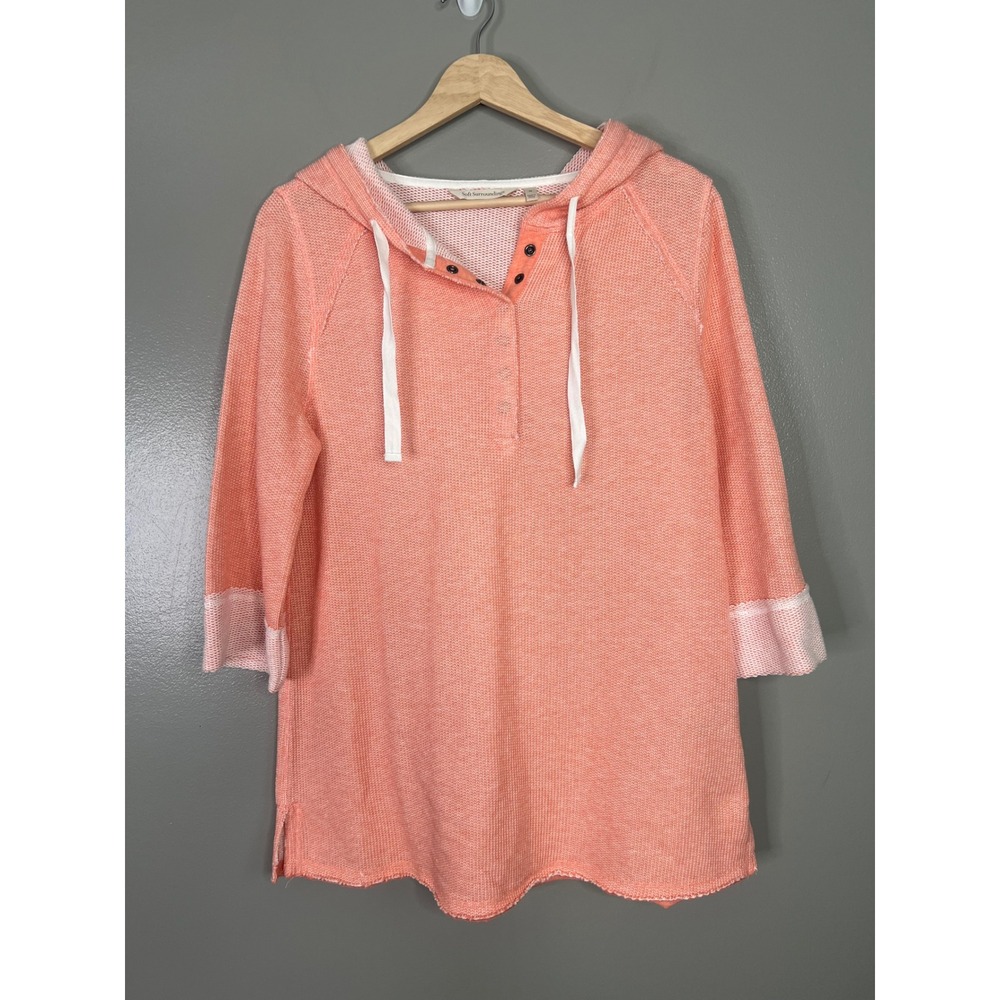 Soft Surroundings peach waffle knit hoodie beachy coastal casual travel medium